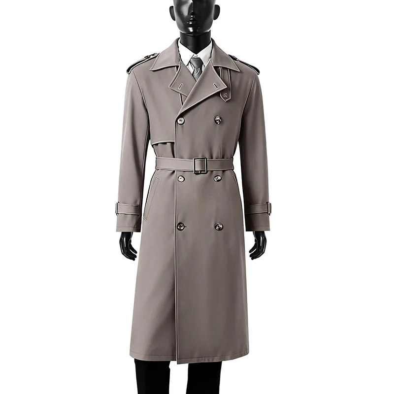 Herren Zeitloser Maxilanger Trenchcoat im Military-Stil mit Sturmklappe und Taillengürtel Drune