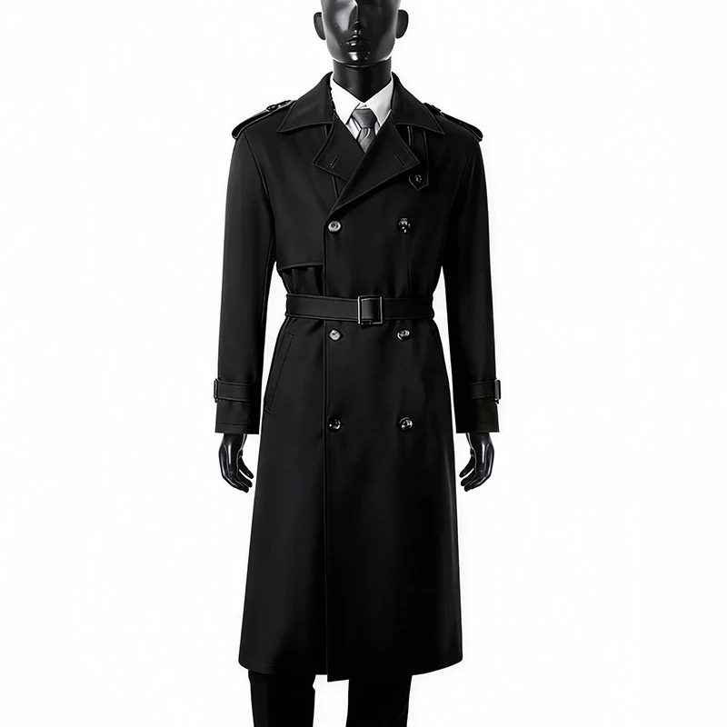Herren Zeitloser Maxilanger Trenchcoat im Military-Stil mit Sturmklappe und Taillengürtel Drune