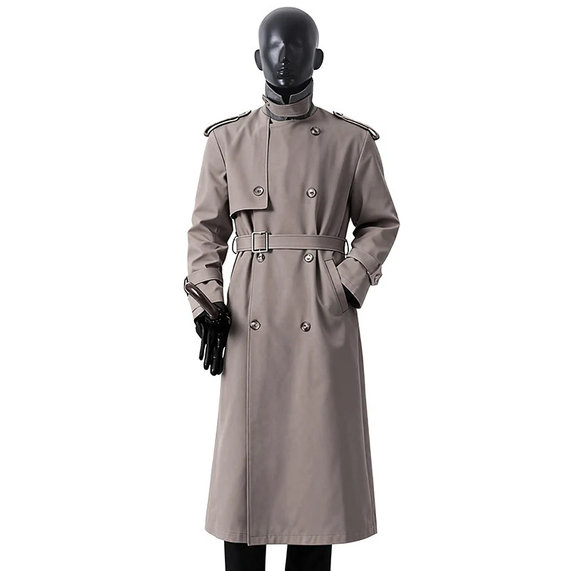 Herren Zeitloser Maxilanger Trenchcoat im Military-Stil mit Sturmklappe und Taillengürtel Drune