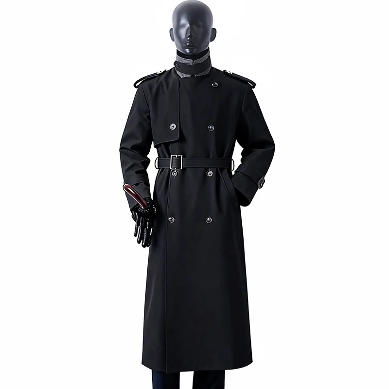 Herren Zeitloser Maxilanger Trenchcoat im Military-Stil mit Sturmklappe und Taillengürtel Drune