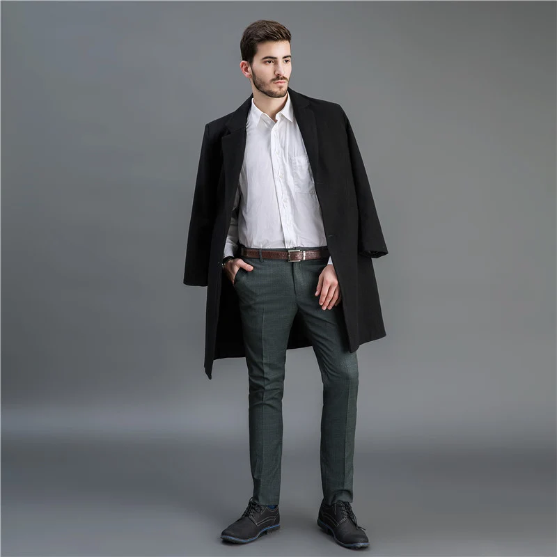 Herren Zeitloser langer Wollmantel mit schmalem Revers und Zweiknopf‑Verschluss Drune