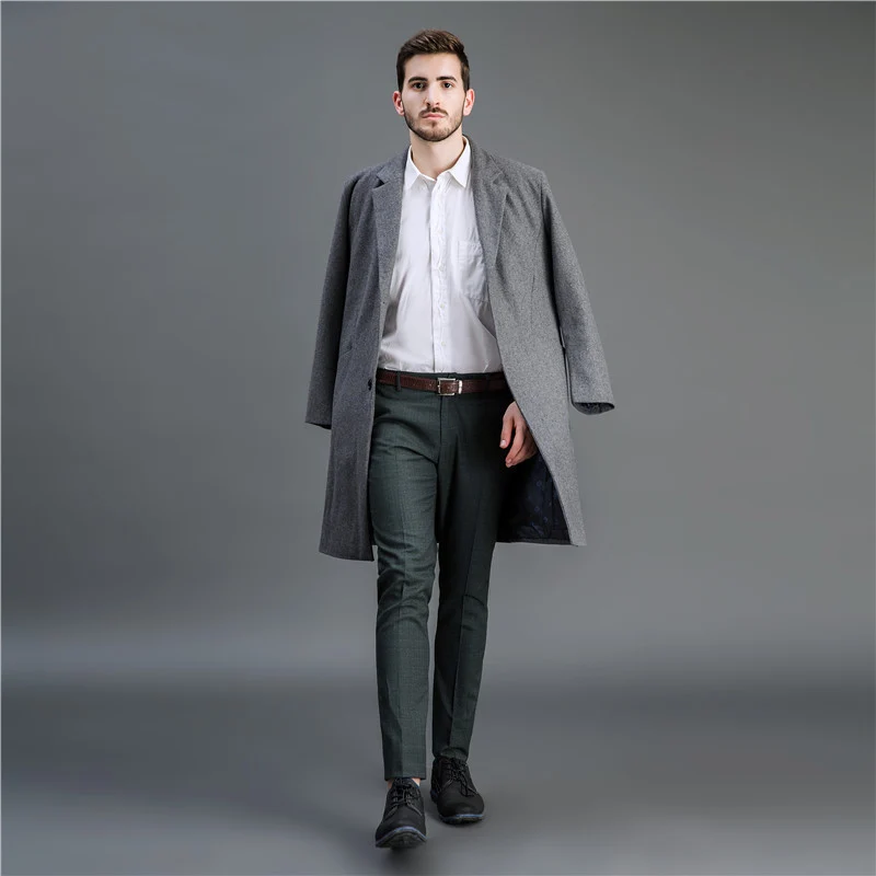 Herren Zeitloser langer Wollmantel mit schmalem Revers und Zweiknopf‑Verschluss Drune