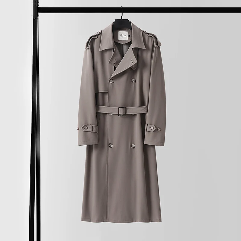 Herren Zeitloser Doppelreihiger Trenchcoat mit Taillengürtel, Schulterklappen und Manschettenriemen Drune