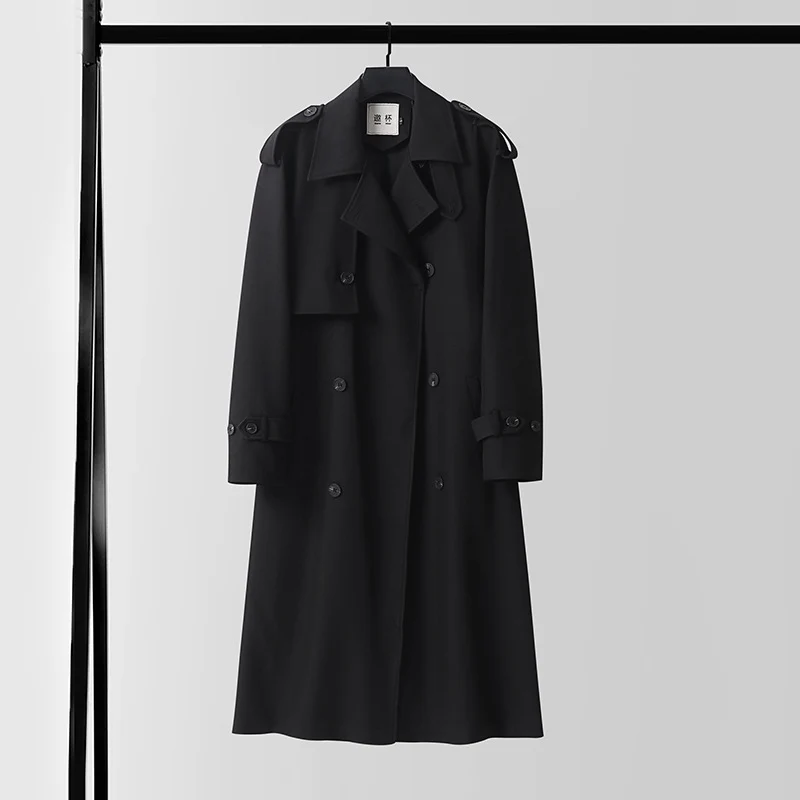 Herren Zeitloser Doppelreihiger Trenchcoat mit Taillengürtel, Schulterklappen und Manschettenriemen Drune