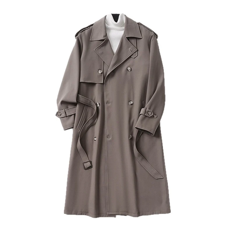 Herren Zeitloser Doppelreihiger Trenchcoat mit Taillengürtel, Schulterklappen und Manschettenriemen Drune