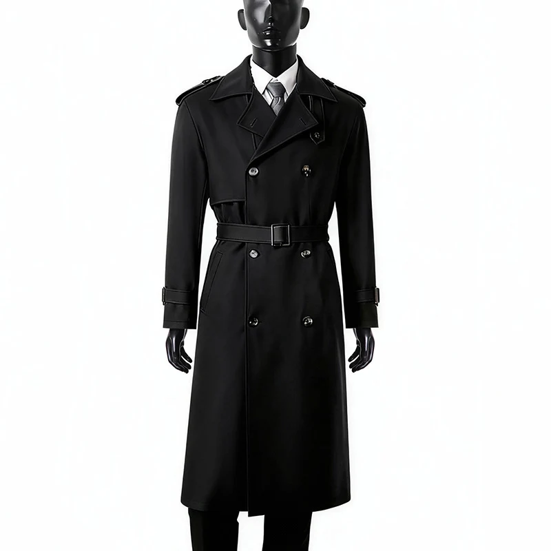 Herren Zeitloser Doppelreihiger Trenchcoat mit Taillengürtel, Schulterklappen und Manschettenriemen Drune