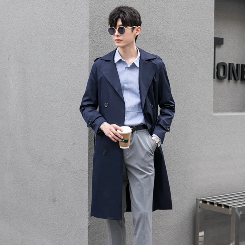 Herren Wasserabweisender Trenchcoat mit Doppelreihe, klassischem Revers und Taillengürtel Drune