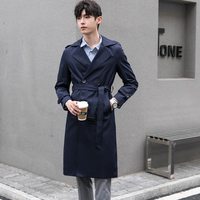 Herren Wasserabweisender Trenchcoat mit Doppelreihe, klassischem Revers und Taillengürtel Drune