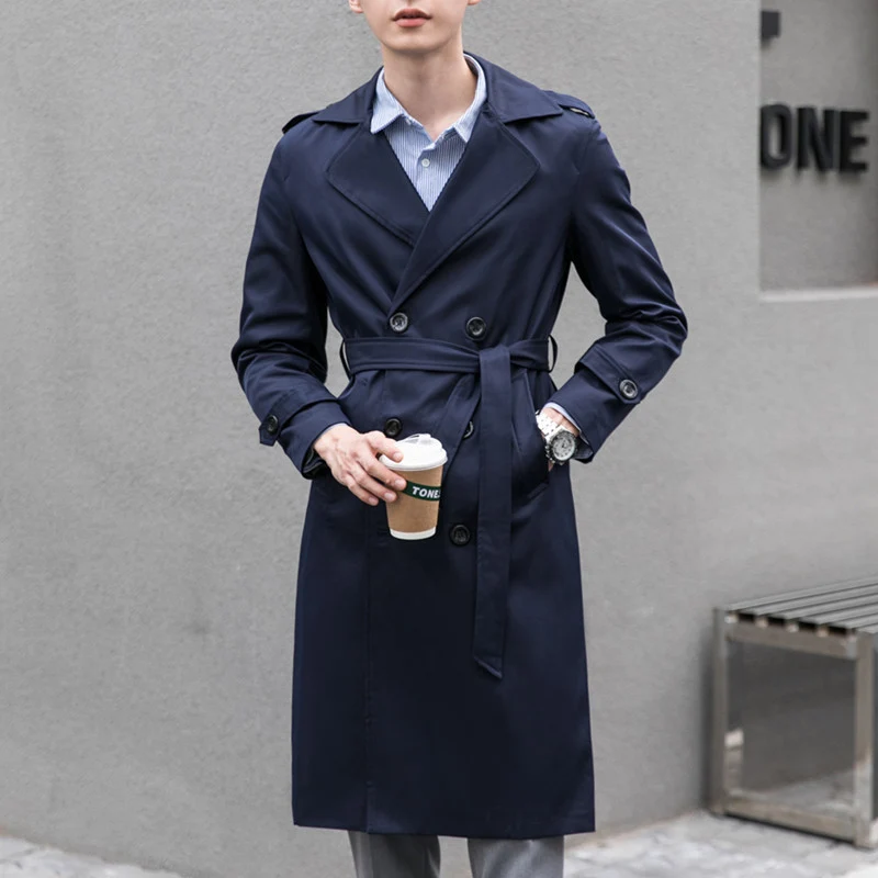 Herren Wasserabweisender Trenchcoat mit Doppelreihe, klassischem Revers und Taillengürtel Drune