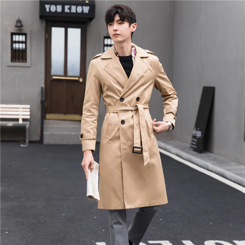 Herren Wasserabweisender Trenchcoat mit Doppelreihe, klassischem Revers und Taillengürtel Drune