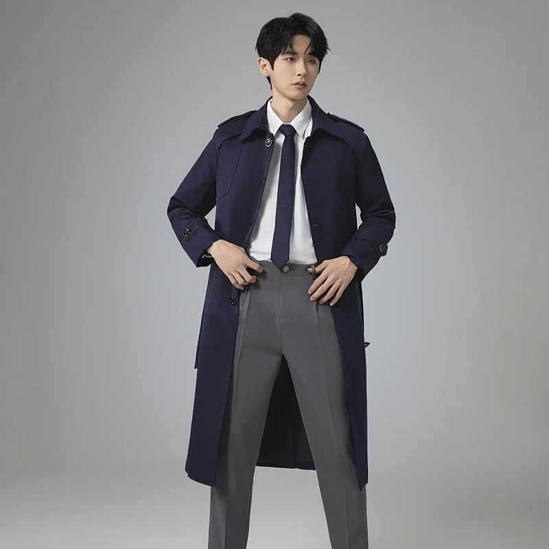 Herren Trenchcoat mit Taillengürtel, Schulterklappen und klassischer Knopfleiste Drune