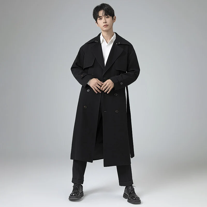 Herren Trenchcoat im minimalistischen Doppelreiher mit breitem Schalkragen und Taillengürtel Drune