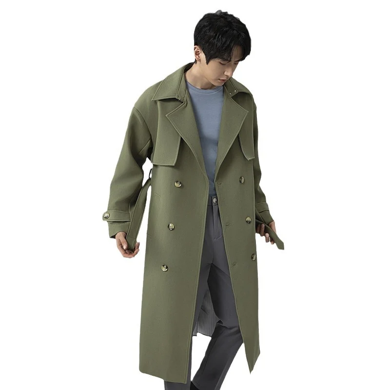 Herren Trenchcoat im minimalistischen Doppelreiher mit breitem Schalkragen und Taillengürtel Drune