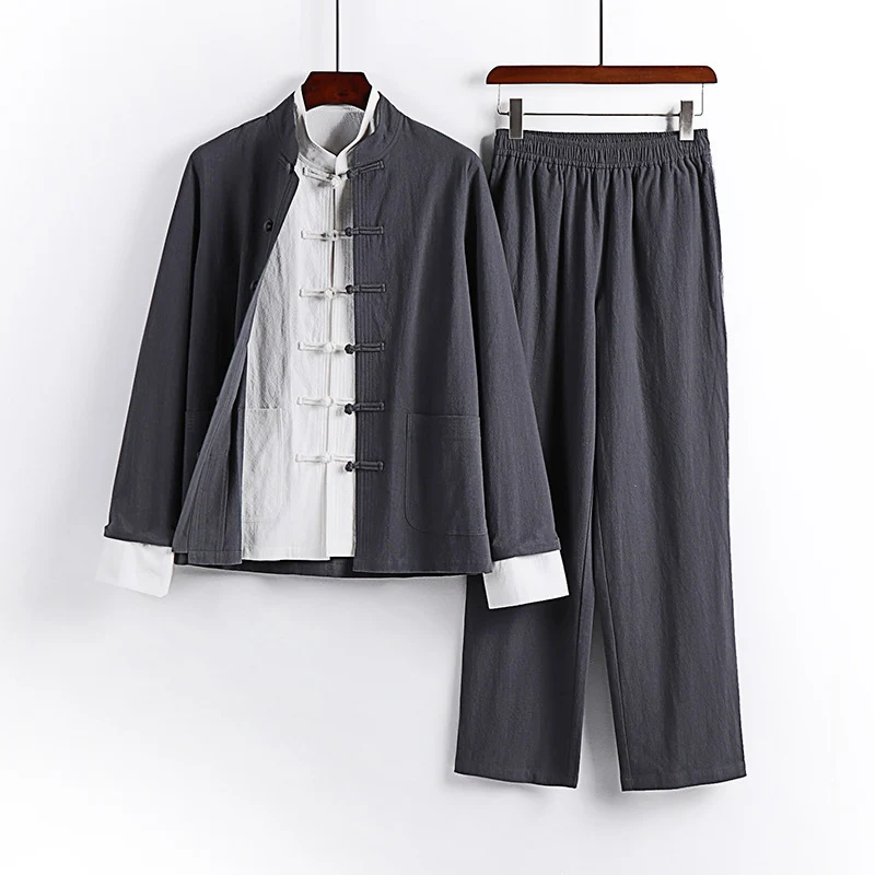 Herren Traditionsinspiriertes Kimono-Loungewear-Set mit Mandarinkragen Knotenverschluss und gerader Bundhose Drune
