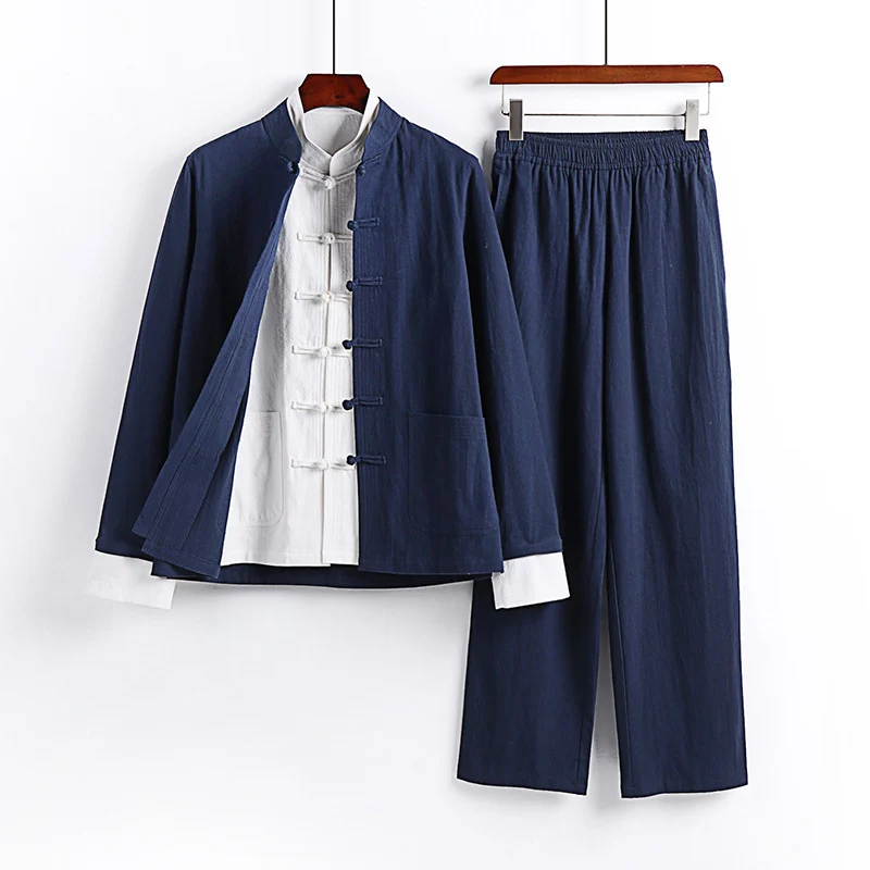Herren Traditionsinspiriertes Kimono-Loungewear-Set mit Mandarinkragen Knotenverschluss und gerader Bundhose Drune