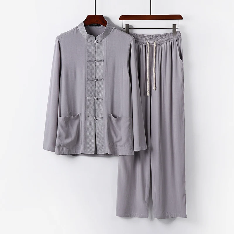 Herren Traditionelles Baumwoll-Loungewear-Set mit Stehkragen Knotenknöpfen und Kordelbundhose Drune