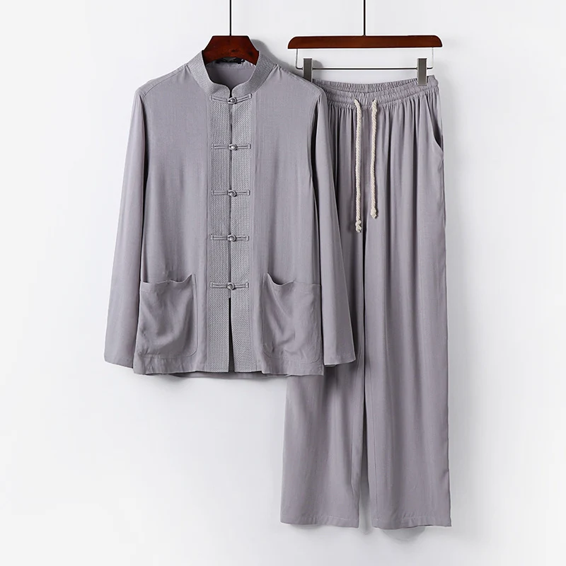 Herren Traditionelles Baumwoll-Loungewear-Set mit Stehkragen Knotenknöpfen und Kordelbundhose Drune