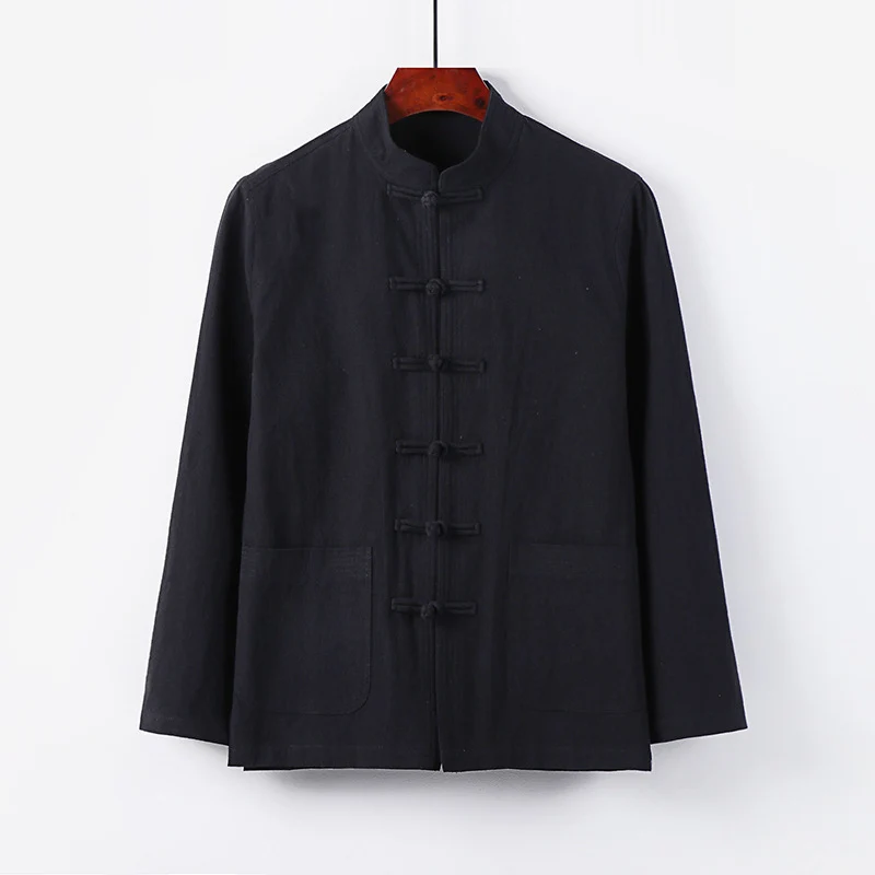 Herren traditionelle Tang-Jacke mit Stehkragen und Knotenknöpfen aus Leinenmischung Drune