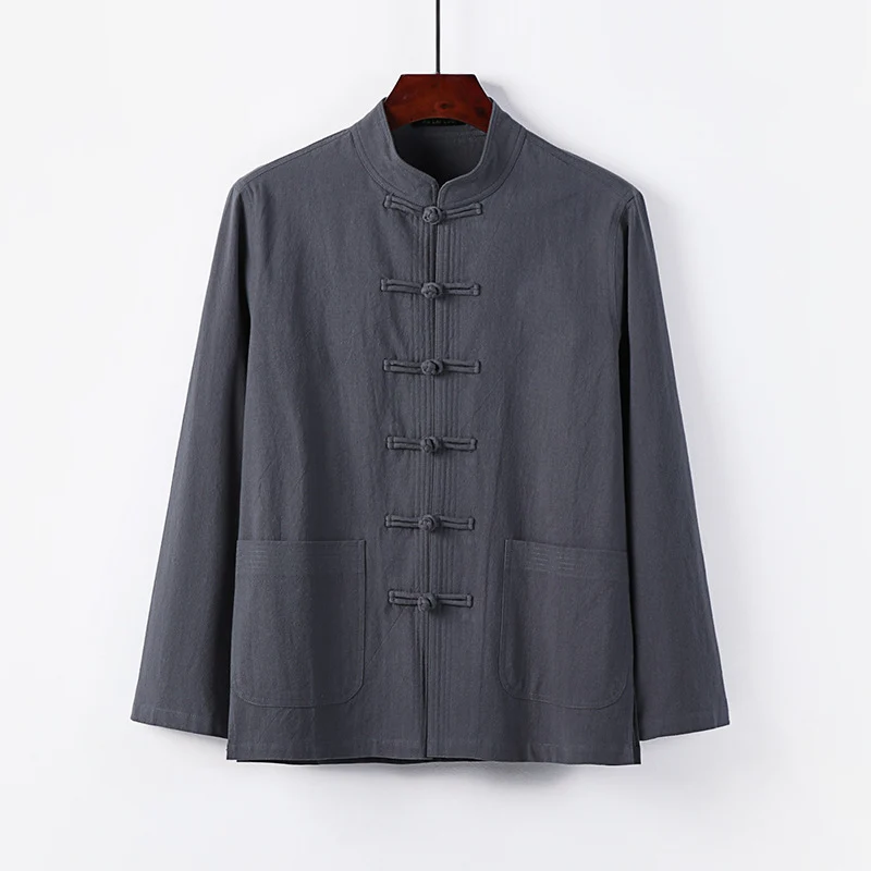 Herren traditionelle Tang-Jacke mit Stehkragen und Knotenknöpfen aus Leinenmischung Drune