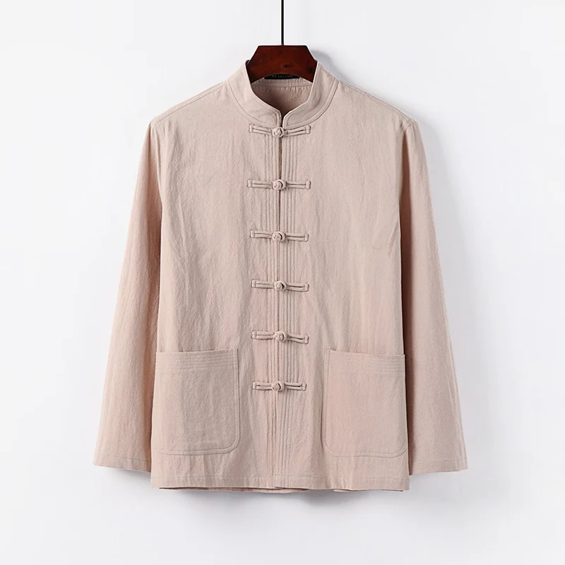 Herren traditionelle Tang-Jacke mit Stehkragen und Knotenknöpfen aus Leinenmischung Drune