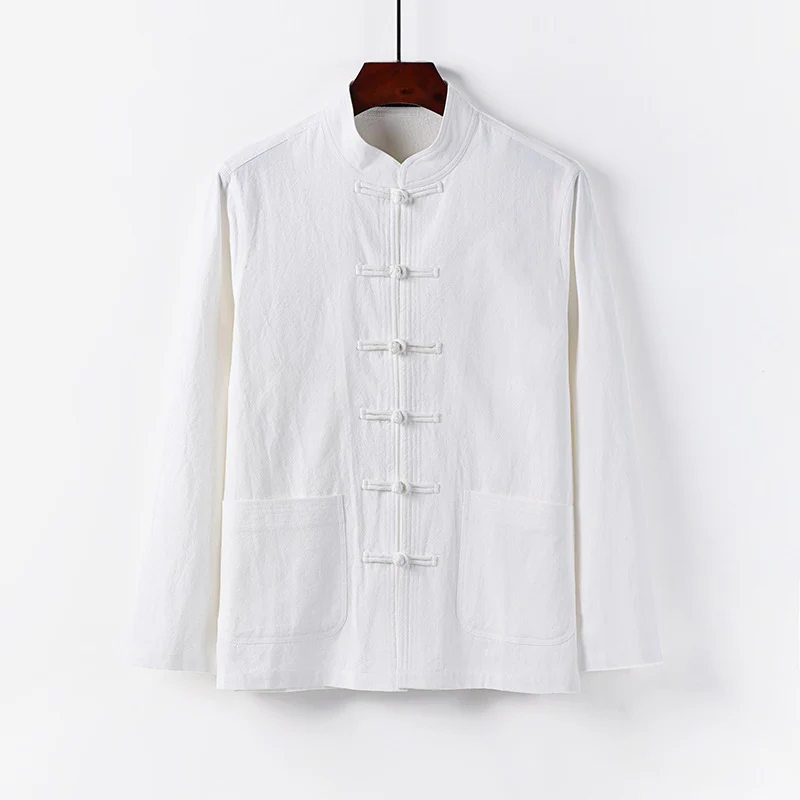 Herren traditionelle Tang-Jacke mit Stehkragen und Knotenknöpfen aus Leinenmischung Drune