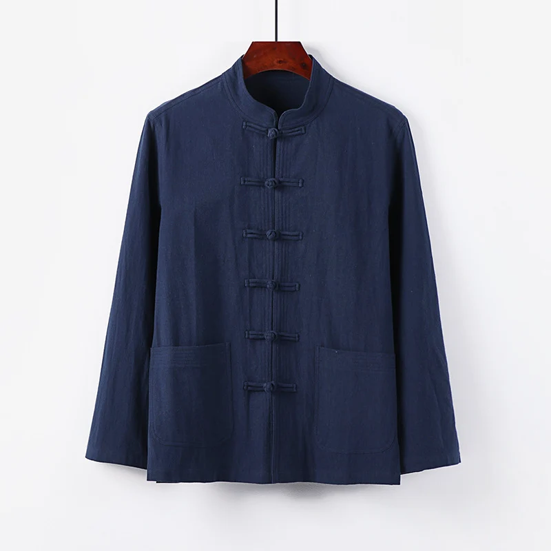 Herren traditionelle Tang-Jacke mit Stehkragen und Knotenknöpfen aus Leinenmischung Drune