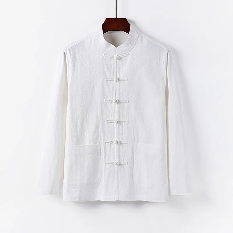 Herren traditionelle Tang-Jacke mit Stehkragen und Knotenknöpfen aus Leinenmischung Drune