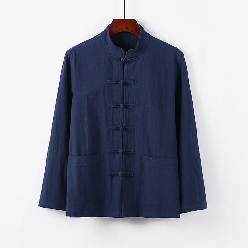 Herren traditionelle Tang-Jacke mit Stehkragen und Knotenknöpfen aus Leinenmischung Drune