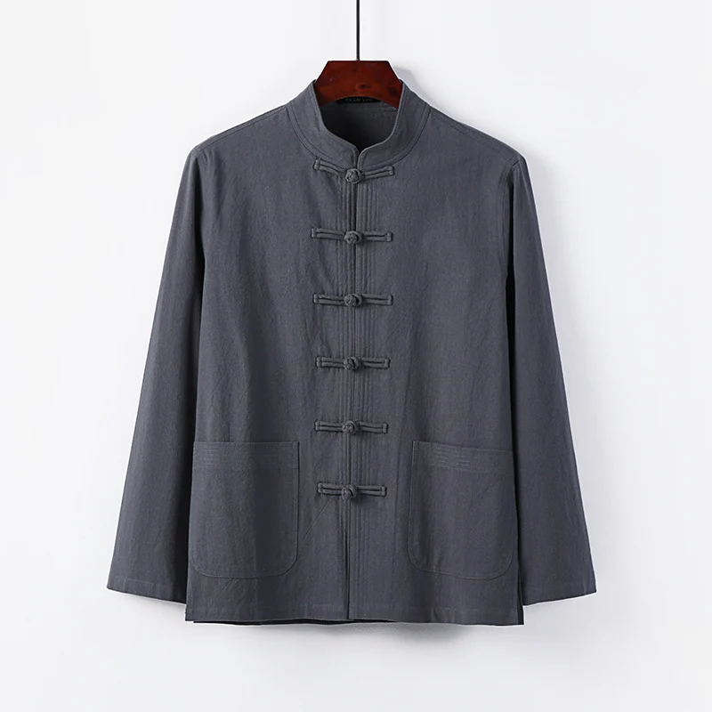 Herren traditionelle Tang-Jacke mit Stehkragen und Knotenknöpfen aus Leinenmischung Drune
