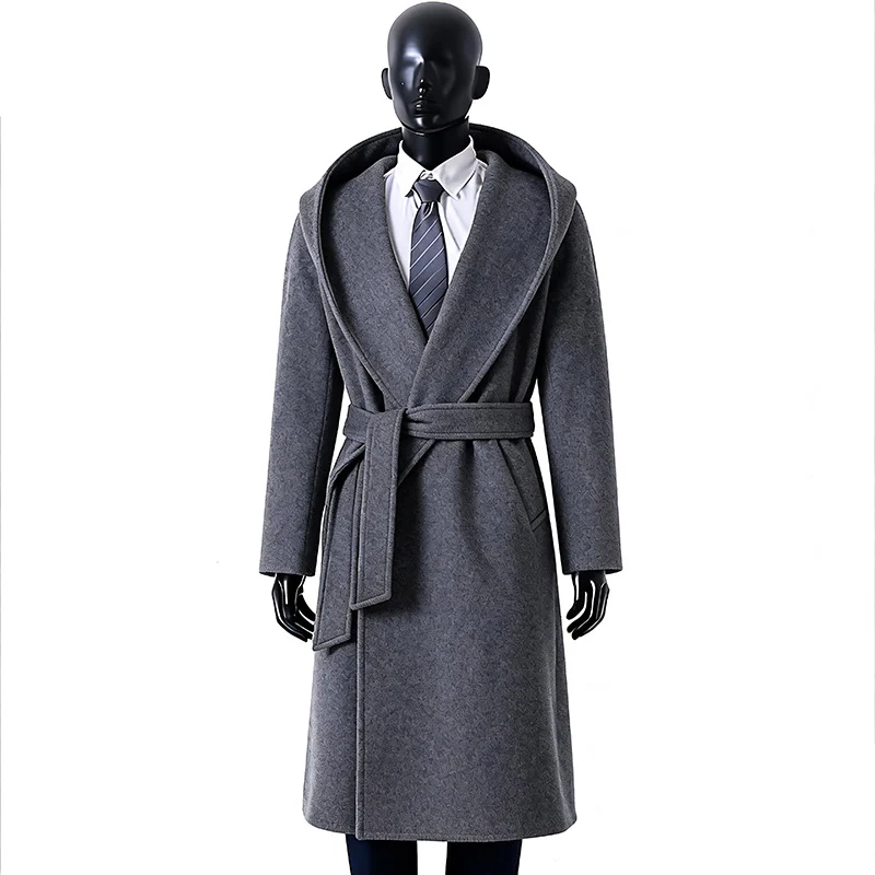 Herren Robenmantel aus Wollmix mit weitem Schalkragen und Bindegürtel Drune