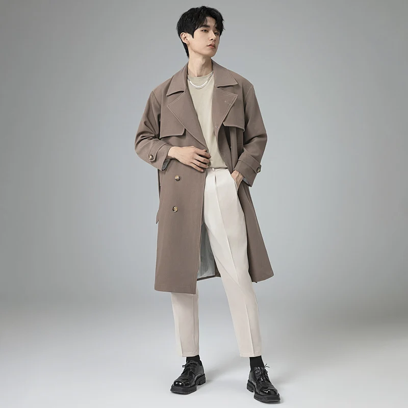 Herren Oversized Doppelreihiger Wollmix-Trenchcoat mit Schalkragen und Überschlagblende Drune