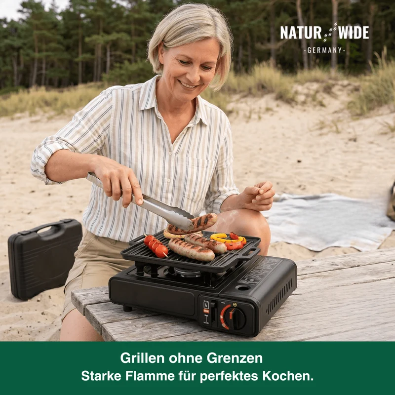 Tragbarer Gas-Campingkocher 2500W mit Auffangwanne & Topfständer