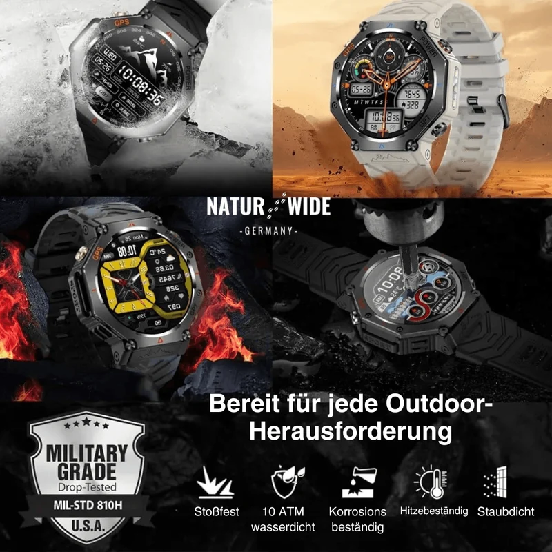 Militär GPS Smartwatch – AMOLED, 10ATM, HD Bluetooth-Anruf