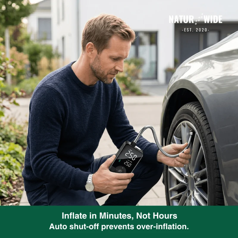 Cordless Tire Inflator – Portable Digital Air Pump & Power Bank