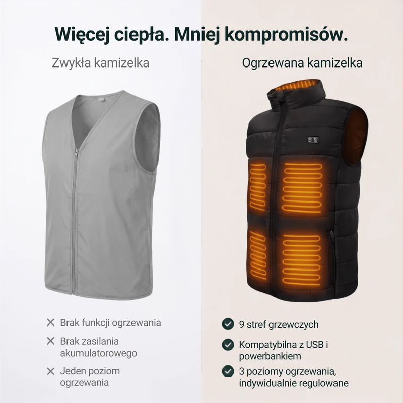 Kamizelka Ogrzewająca z 9 Strefami – Ładowana przez USB i Wodoodporna