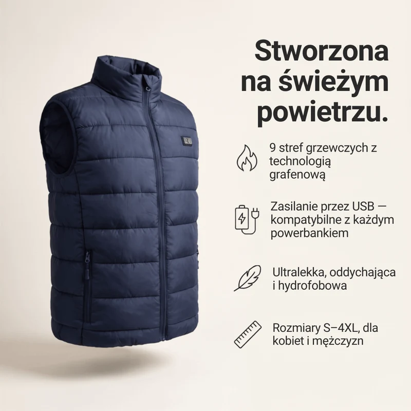 Kamizelka Ogrzewająca z 9 Strefami – Ładowana przez USB i Wodoodporna