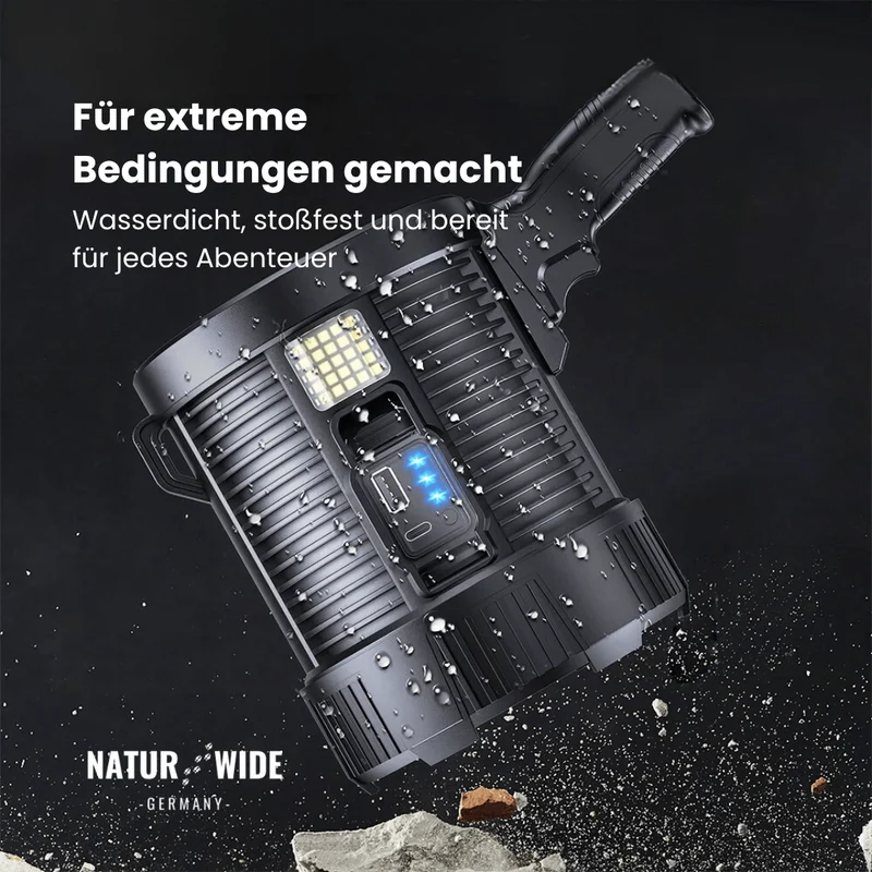Wiederaufladbarer LED-Strahler – 900000 Lumen, Solar & USB
