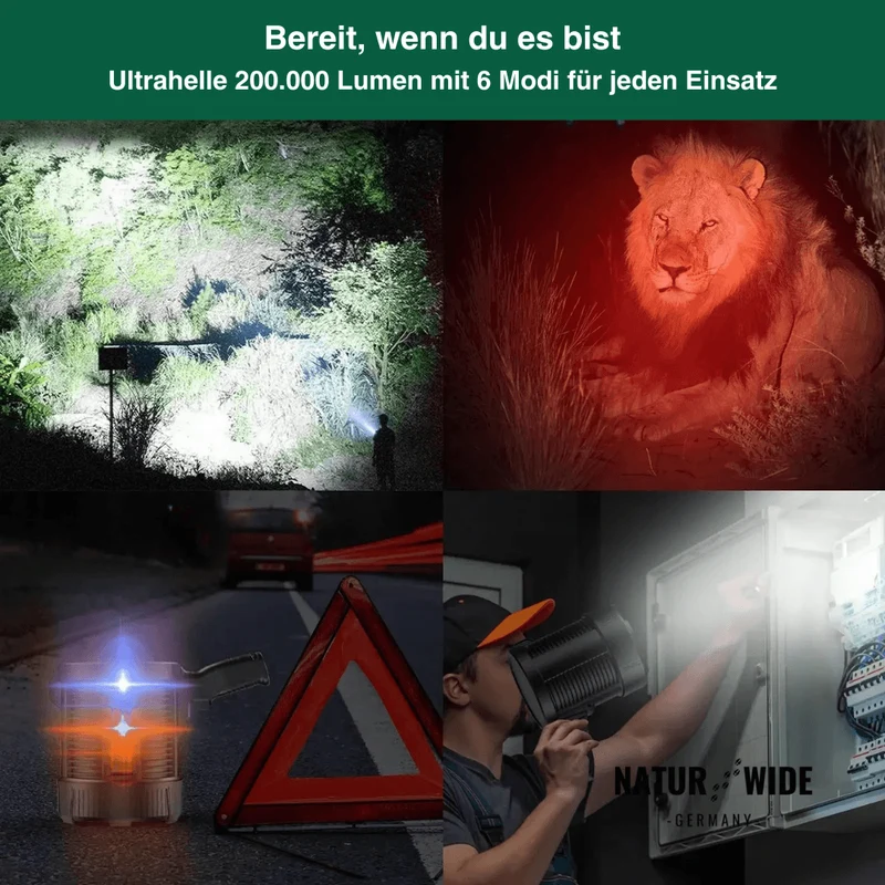 Wiederaufladbarer LED-Strahler – 900000 Lumen, Solar & USB