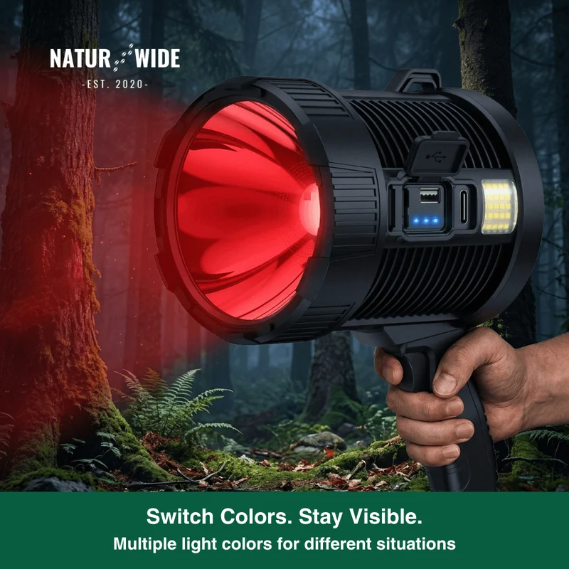 Rechargeable LED Spotlight Flashlight – 900000 Lumens, Solar & USB