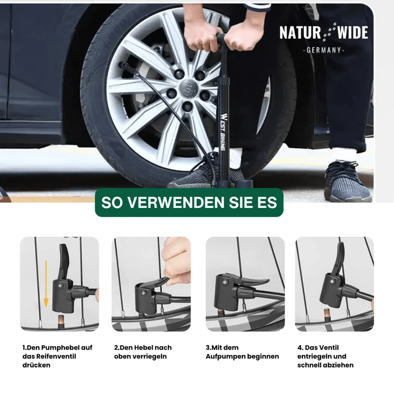 11 bar Tragbare Pumpe mit Manometer & 3-in-1-Ventilaufsatz