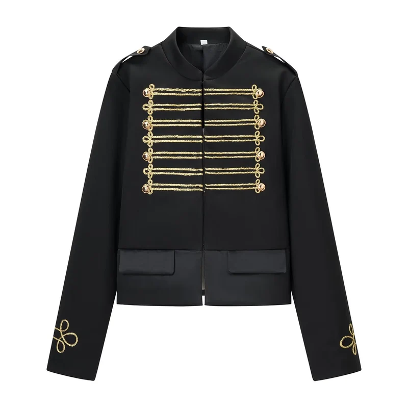 Damen Militärisch inspirierte Kurzjacke mit Goldkordel‑Applikation und Stehkragen Drune