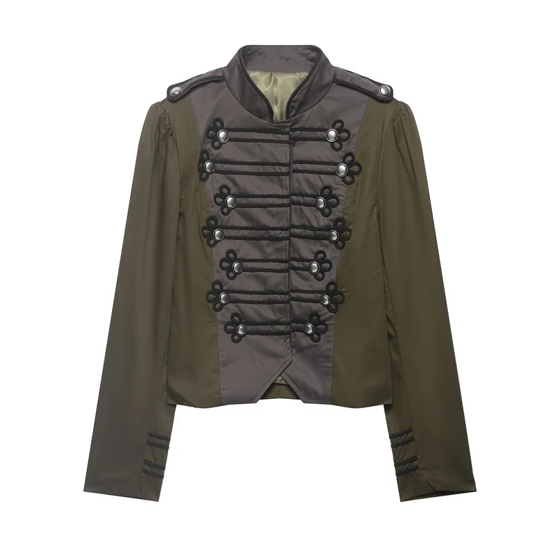 Damen Militärinspirierte Kurzjacke mit Zierkordeln, Stehkragen und Epauletten Drune