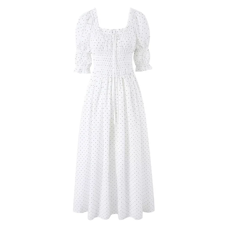Damen Midikleid mit Smok-Taillenpartie, gerafften Puffärmeln und Quadrat‑Ausschnitt Drune