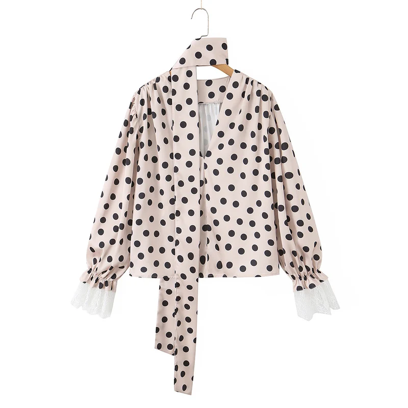 Damen Maxikleid im Retro‑Polka‑Dot‑Stil mit Spitzenbesatz und Taillengürtel Drune