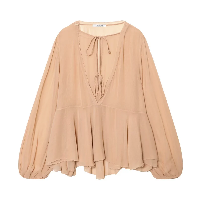 Damen Luftige Chiffon-Bluse mit tiefem V‑Ausschnitt, Bindebändern, Volantstufen und Ballonärmeln Drune