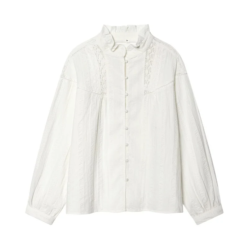 Damen Lockeres Vintage-Bluse mit Stehkragen, Spitzeinsätzen und Ballonärmeln Drune