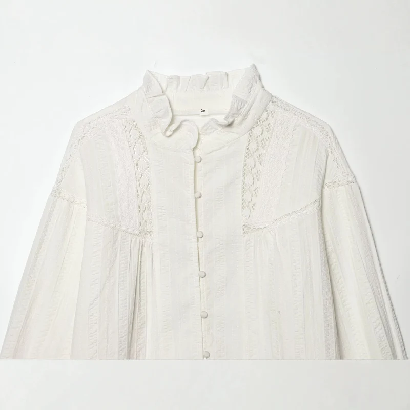 Damen Lockeres Vintage-Bluse mit Stehkragen, Spitzeinsätzen und Ballonärmeln Drune