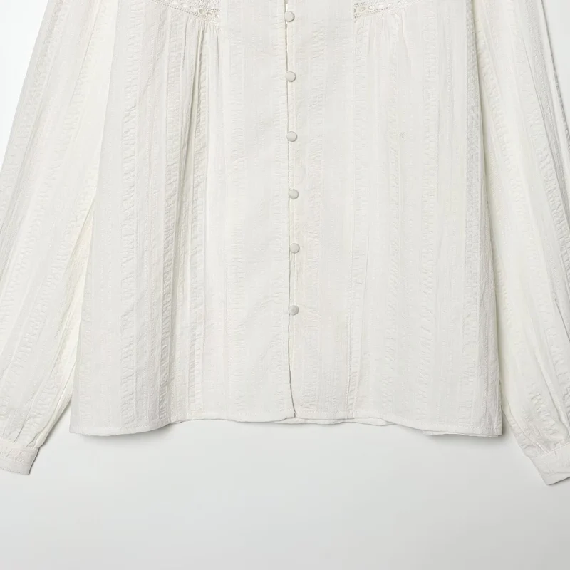Damen Lockeres Vintage-Bluse mit Stehkragen, Spitzeinsätzen und Ballonärmeln Drune