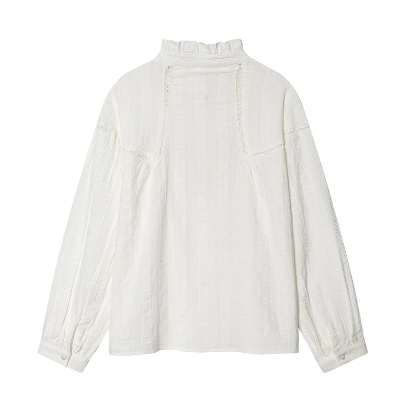 Damen Lockeres Vintage-Bluse mit Stehkragen, Spitzeinsätzen und Ballonärmeln Drune