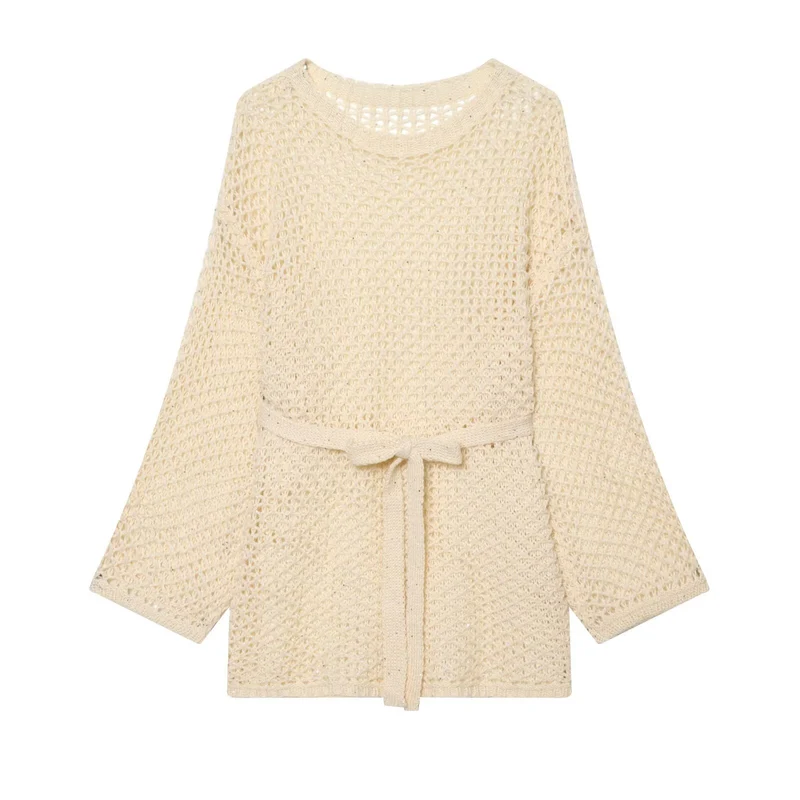 Damen Lockerer Häkelcardigan mit Taillengürtel und 3/4-Ärmeln Drune